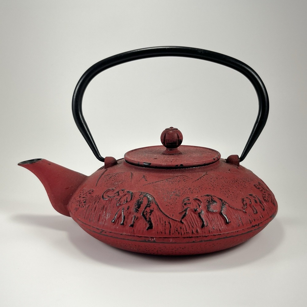 Japanese Teapot Red Cast Iron Asian Elephants Enameled Tetsubin Tetsu Tea Pot